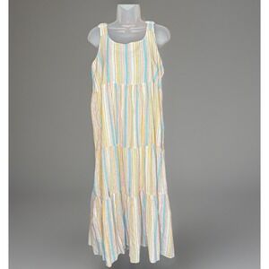 Linda Anderson Dress Women L Multicolor Sparkle Striped Tiered Maxi Boho Cottage